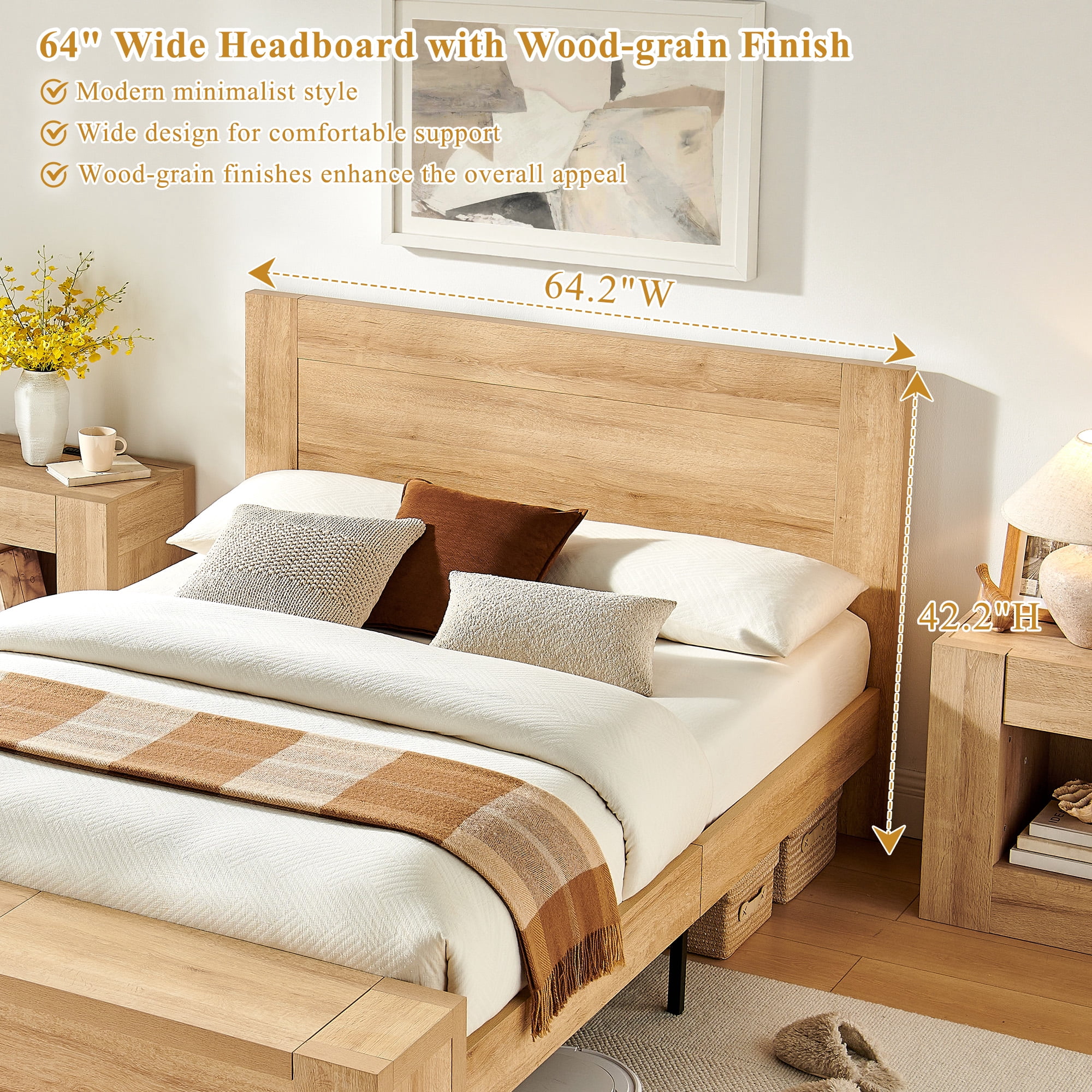 KeyWhat Modern Queen Size Storage Bed Frame with Panel Headboard, Footboard Storage Bench, Built-In Drawers, Lift-Up Compartments, No Box Spring Needed, Natural Oak
