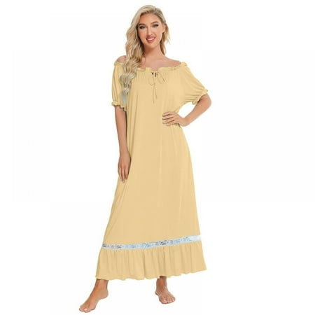 

BIG PROMOTION!! Women s Lace Cotton Nightdress Short Sleeve Victorian Nightgown Sleepwear Pajama，Khaki