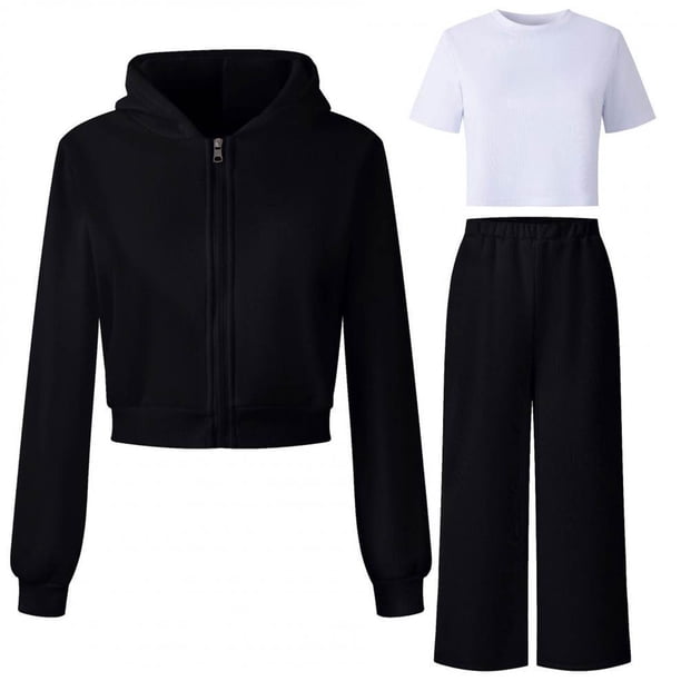 Chaqueta de invierno de color liso para niños, sudadera larga con capucha y camiseta, pantalones deportivos informales con forro polar para mayor calidez, conjunto de tres piezas para niños, poliéster