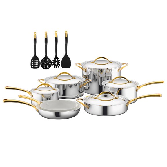 NutriChef 16-Piece Set Clad Kitchen Cookware W/ Nylon Utensils Fry Pan W/ Ceramic Non-Stick Coating
