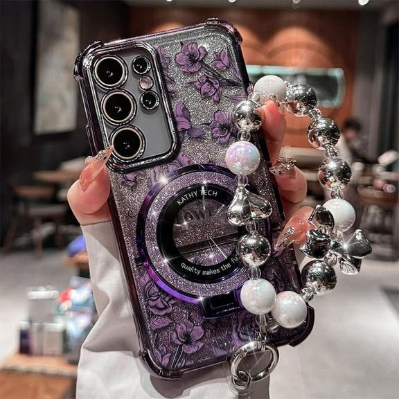 Flower Suitable for Samsung S21/S22/S23/S24/S25/S24/S25 Ultra Plus Mobile Phone Case Four Corners Anti-fall Glitter Magnetic Suction Bracket Galaxy High-end Sense Strap Bracelet Protective Case