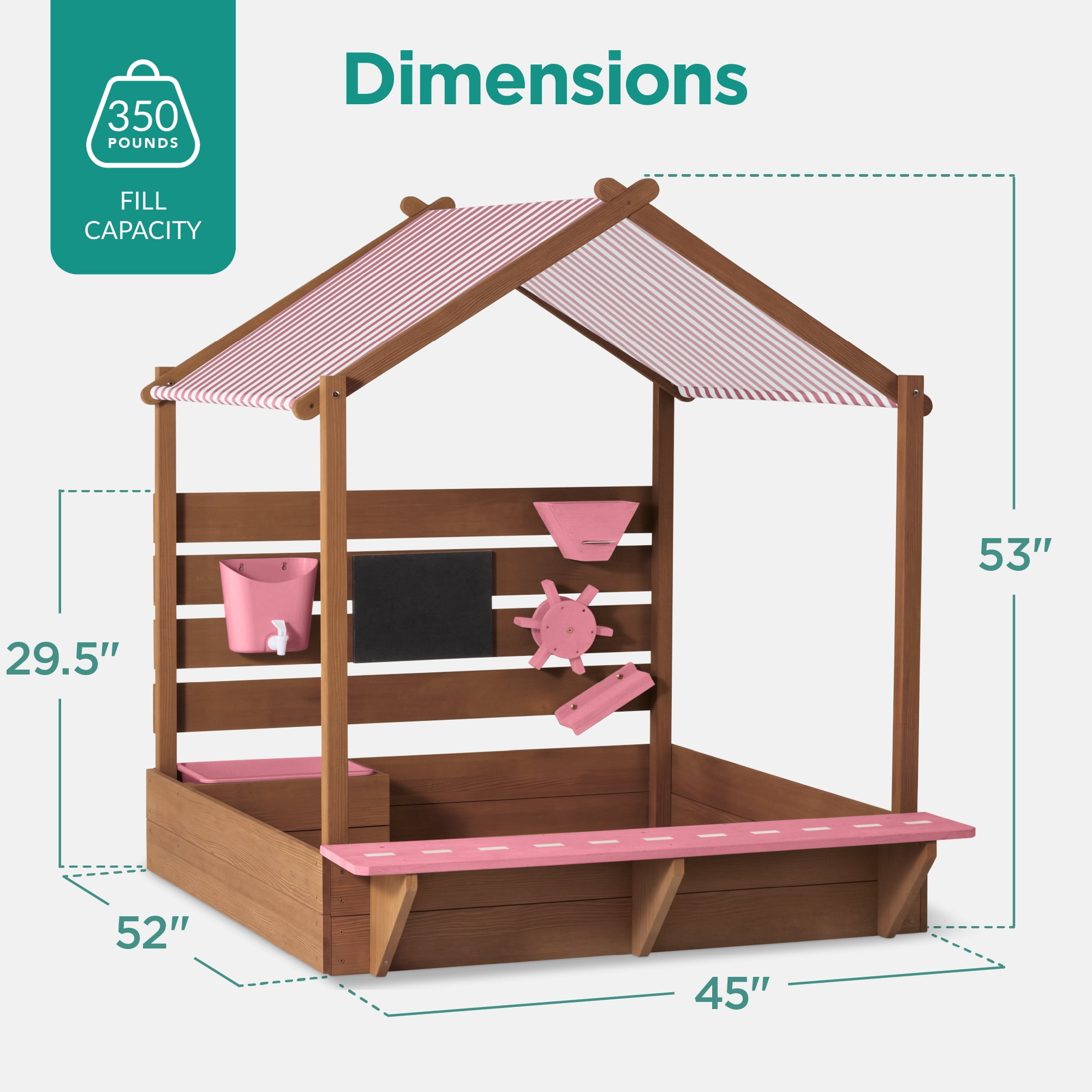 Best Choice Products Deluxe Wooden Sandbox with Canopy, Water Table, Bench Seat, Outdoor Kids Playset - Pink