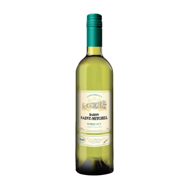 vino blanco baron saint-mitchel bordeaux 750 ml, botella frontal de vidrio verde claro con etiqueta crema que lee Baron Saint-Mitchel y dibujo de viñedo; tapa de rosca verde, vino amarillo con reflejos verdosos sobre fondo blanco; marida con aves, pescados magros y puerco; a menudo se usa como regalo para cenas.