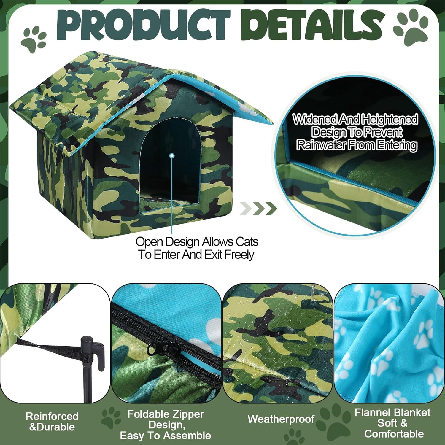 16" x 15" x 14 Outdoor Cat House for Winter Weatherproof Feral Pet Shelter for Cats Dog Collapsible Outside Green Camouflage Pet House with Self Warming Pad Blanket 3 Tent Stake(M Size)