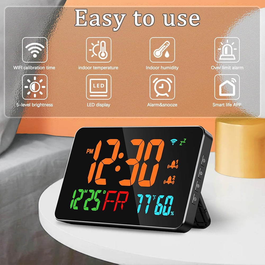 Digital Clock Alarm WiFi Clock, Extra Large Letters, Temperature & Humidity, Calendar, Week,B