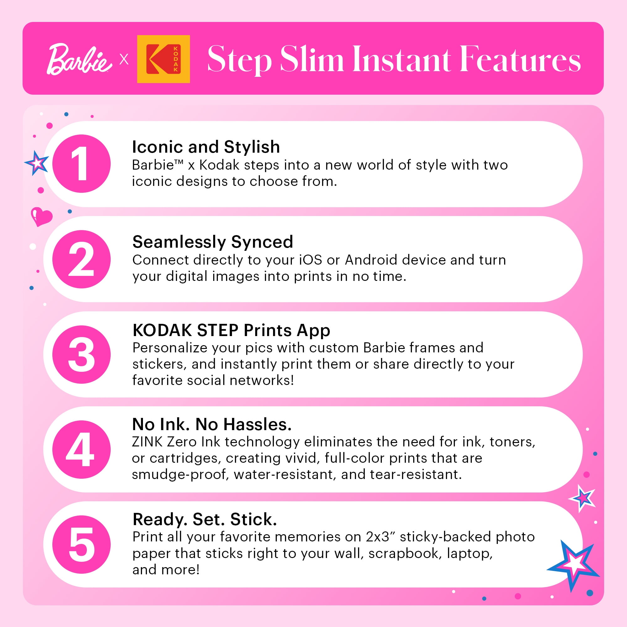 Barbie x Kodak Step Slim Wireless Instant Portable Photo Printer, 2x3" Color Instant Photo Printer
