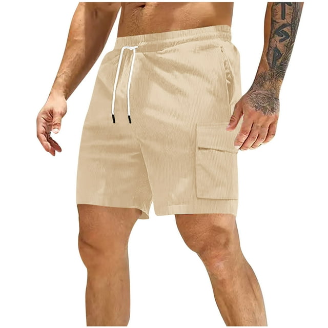 Men Solid Color Corduroy Casual Fashion Elastic Waist Pockets Workwear Shorts Pants