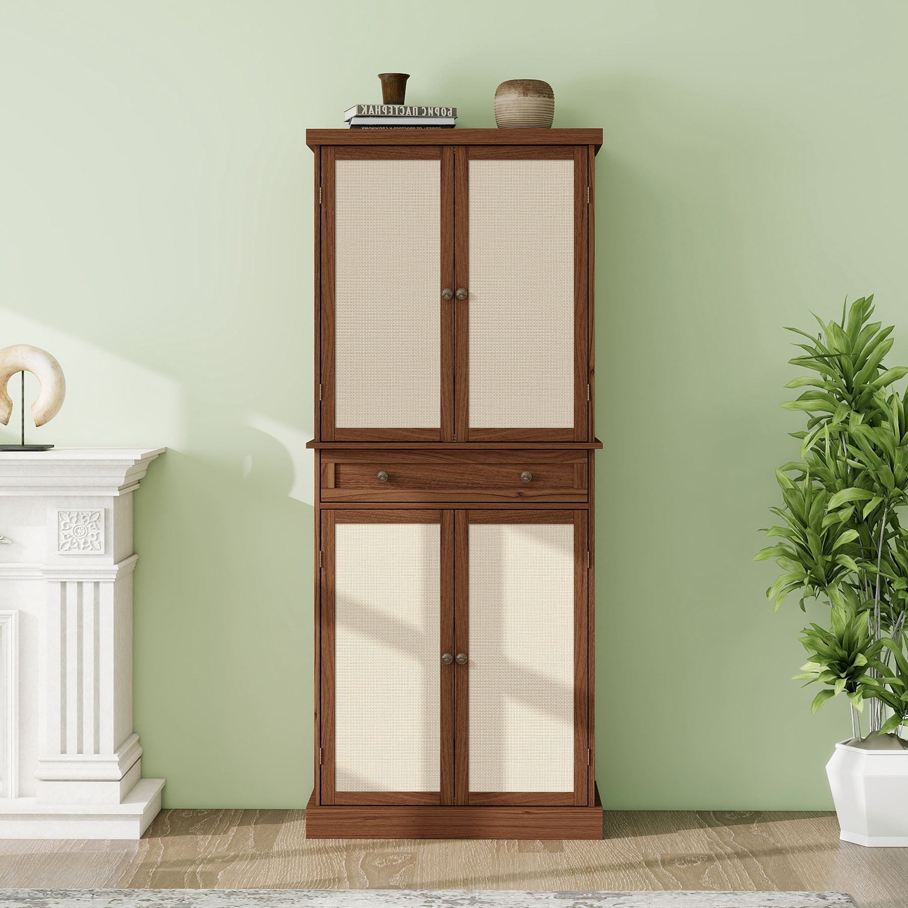 S-HOME 4 Door Storage Cabinet Featuring 1 Drawer and Adjustable Shelves in Engineered Rattan for Home Organization, Walnut