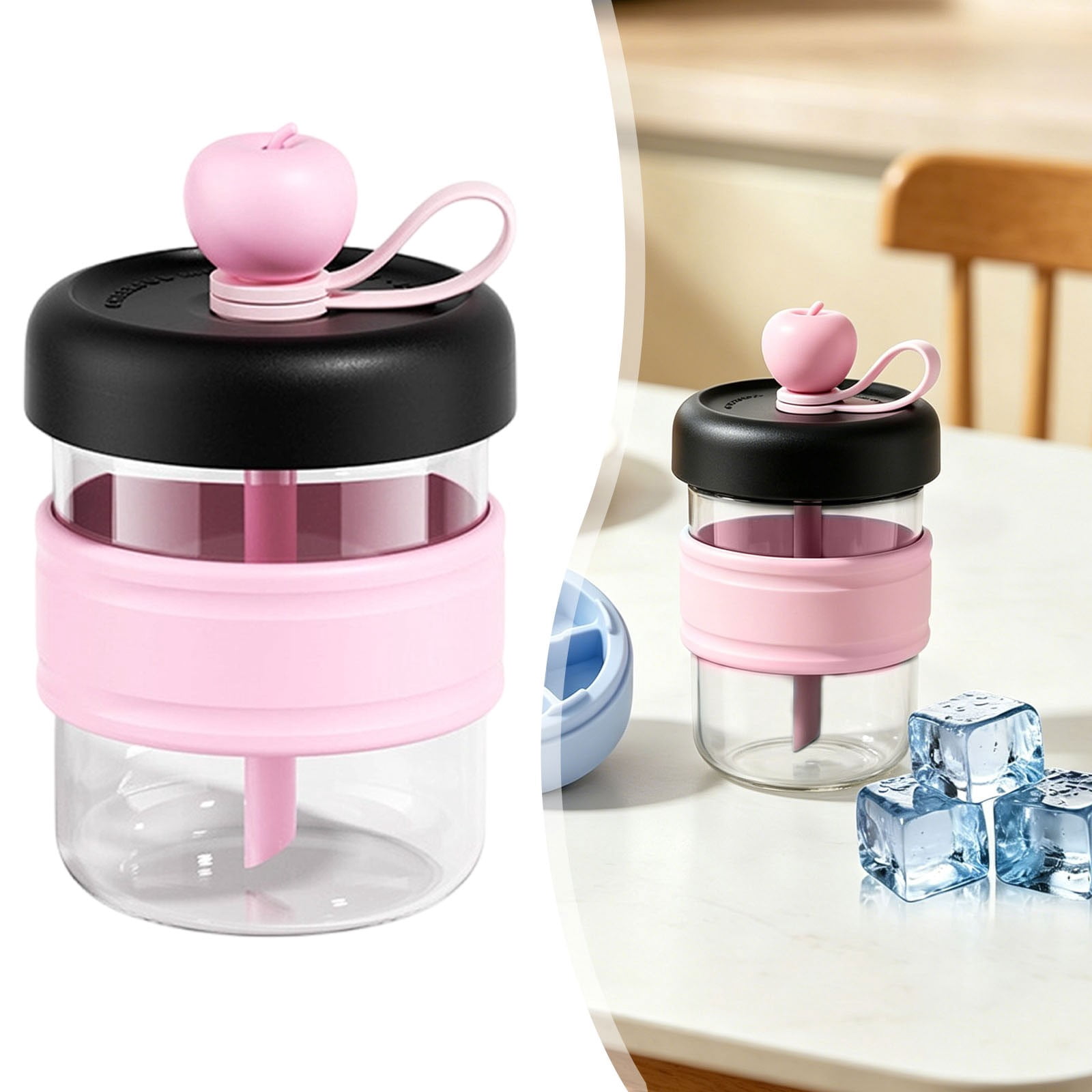 Hearthoom 2 in 1 Ice Cube Bottle with Straw, Portable Ice Cube Tray with Lid And Bin, Press to Release Ice Tray for Home Ice Making, 6 Grid Ice -Cube Tray Cup for Drinks,Pink