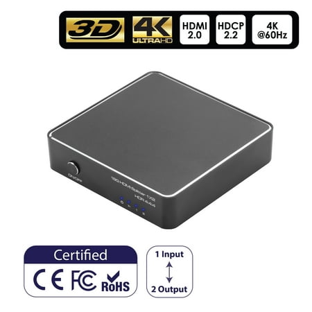 Insten Aluminum 4K HDMI Splitter 4k@60HZ 1 in 2 Out HDMI 2.0 Supports 18 Gbps HDCP 2.2 UltraHD 3D for PS4 Xbox Blu-Ray Player Laptop Computer HDTV Smart TV Monitor Projector (1 Source onto 2