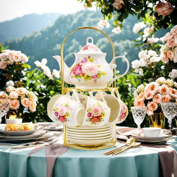 20-Pieces Porcelain Bone china Tea Sets,Gold Rim Coffee Set with Golden Metal Rack,Tea Gift Sets for Home&Party (008)