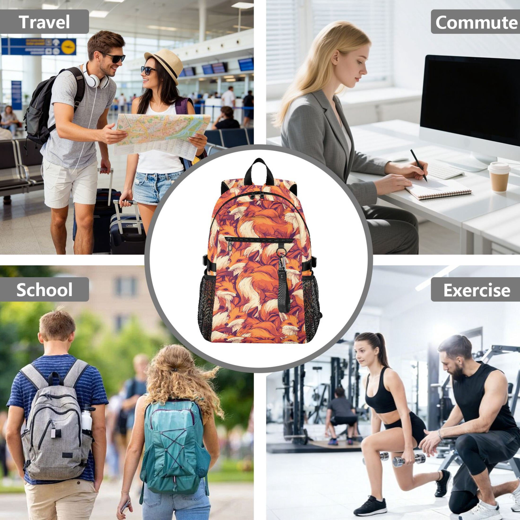 JIALIOU 14" Laptop Backpack Waterproof Airline Approved Stylish Casual Daypack for Travel Business College Work, Cartoon Foxes