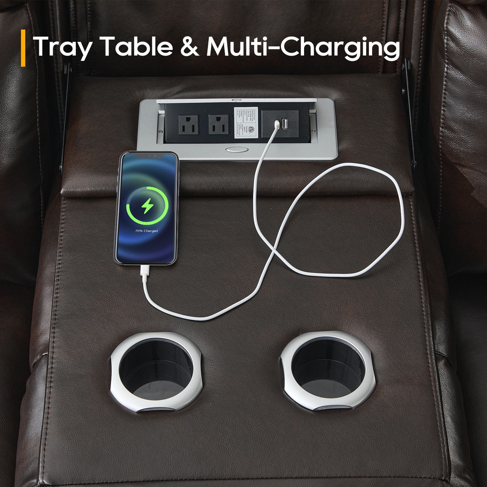 Power Recliner Sofa, Home Theater Seating with Adjustable Headrest, Blue LED Lighting, Reclining Loveseat, Flip-Up Backrest Storage, Multi-Port Charger, Cup Holder, USB