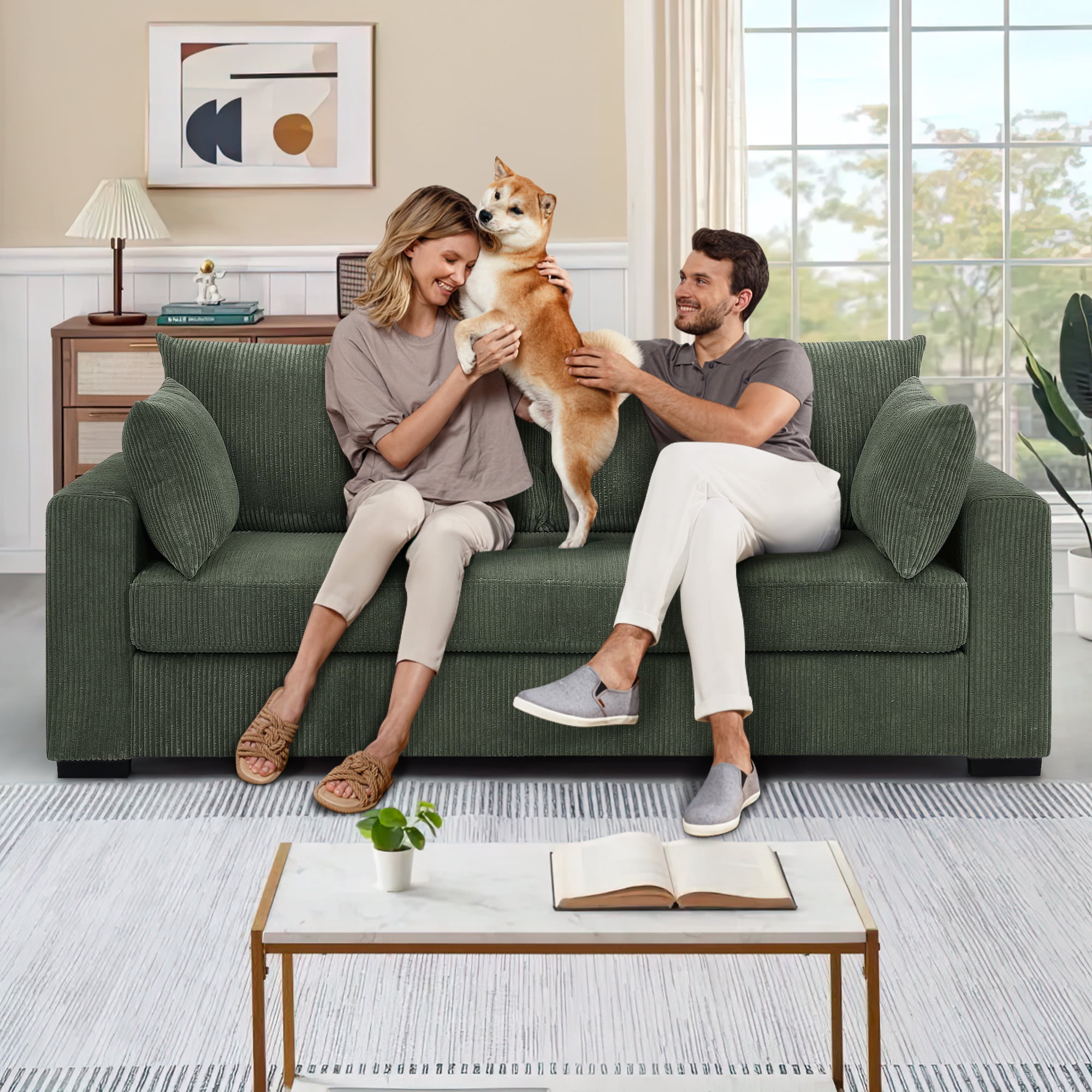 Muumblus 79"L Corduroy Sofa, Deep Seat Sleeper Couch, 3-Seater Living Room Sofa, Greens