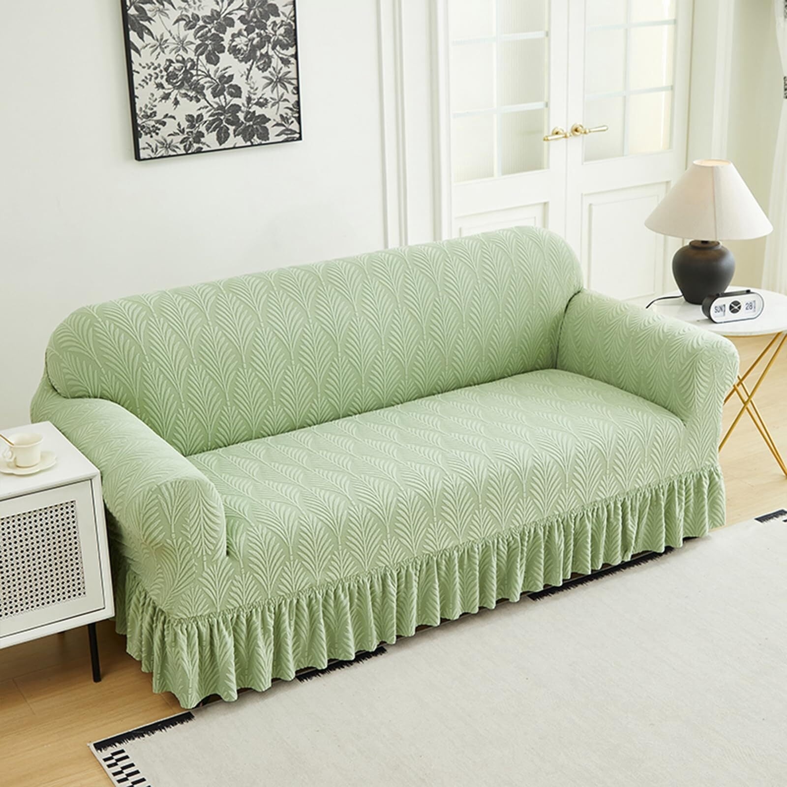 LKJYER Stretch Sofa Couch Slipcover with Skirt, Non-Slip Jacquard Universal Soft Sofa Cover with Elastic Bottom, Pet Proof Washable Breathable Furniture Protector for Living Room,
