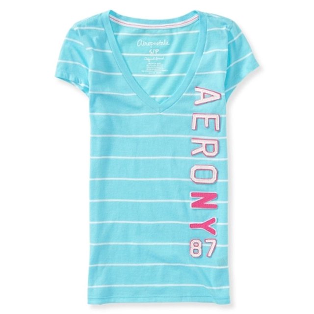 Aeropostale NY 87 camiseta adornada a rayas para mujer, azul, pequeña Aeropostale Camiseta adornada
