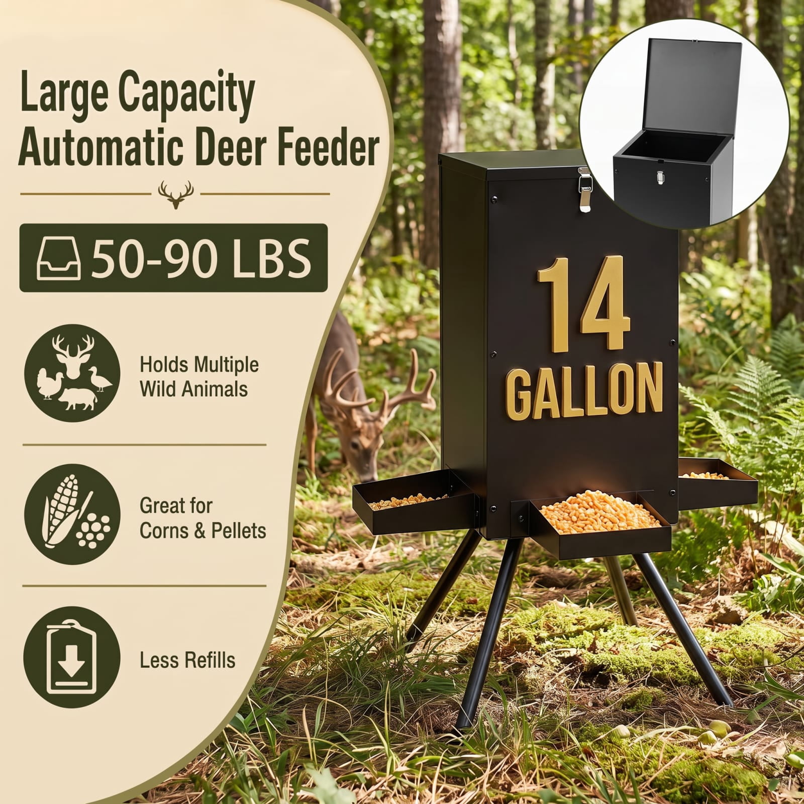 Vebreda 90LB Gravity Deer Feeder with 4 Feeding Trays and 4-Leg Stand, More Feed, Less Refills, Built for Outdoor Seasons, Dry Corn Protection