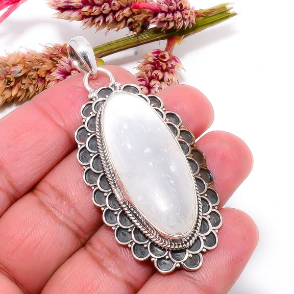 Divine Light Selenite - Brazil 925 Sterling Silver Bali Pendant 2.54" Sku50, White Pendant, Natural Gemstone Pendant