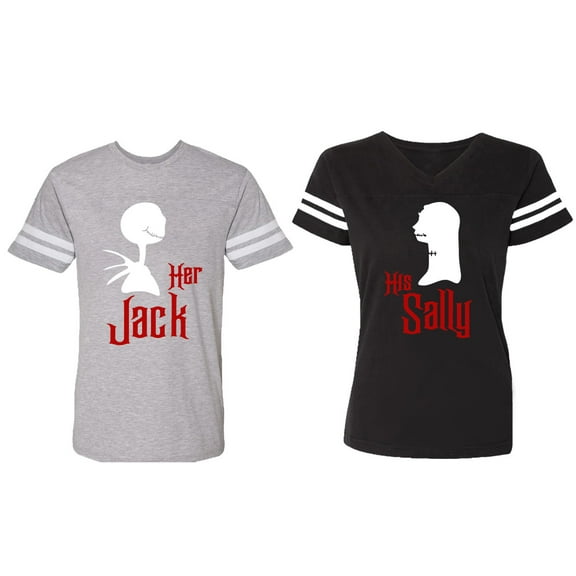 Her Jack His Sally Matching Couple Cotton Jerseys (Men Heather / Women Black) (Men S / Women S)