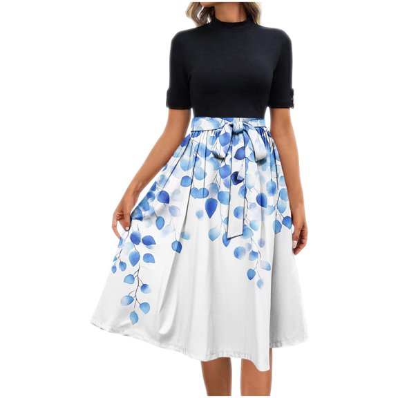 QQAMB Midi Dresses for Women Floral Printed Short Sleeve Long Dresses High Waist Crewneck Dress Summer Empire Waist Dress Blue L