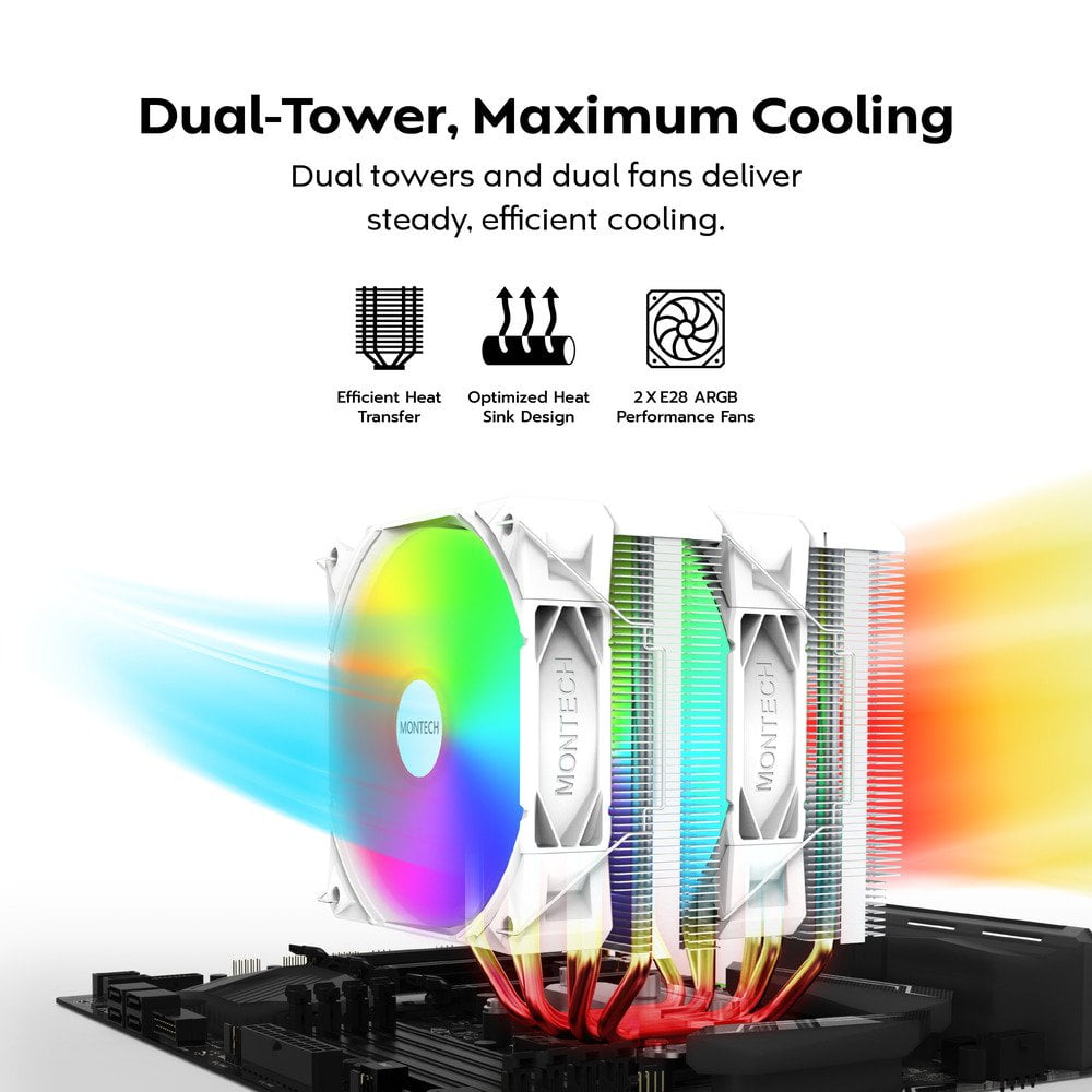 MONTECH NX600 ARGB Dual-Tower CPU Air Cooler with 6 Heatpipes & Premium Top Cover, White