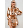 thumbnail image 4 of Khaki Plaid Pattern Collared Neck Ruffled Sleeve Shirt Dress, 4 of 11