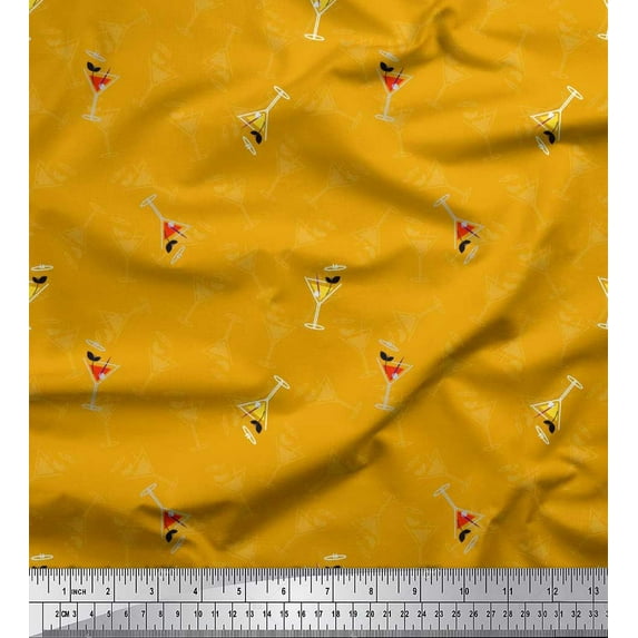 Soimoi Gold Moss Georgette Fabric Glass,Straw & Drinks Summer Designs Decor Fabric Printed Yard 42 Inch Wide