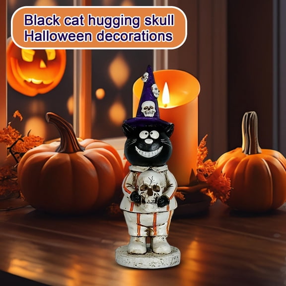 Halloween Black Cat Figurine, Black Cat Holding Skull Statue, Home Decor Shelf Centerpiece Ornament, Spooky Holiday Accent Gift for Mantel Tabletop