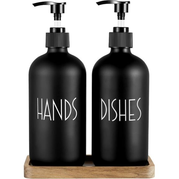 Black Glass Dish Soap Dispenser for Kitchen - 16 OZ Hand Soap Dispenser Set with Pump and Acacia Wood Tray - for Black Farmhouse Kitchen Decor and Accessories