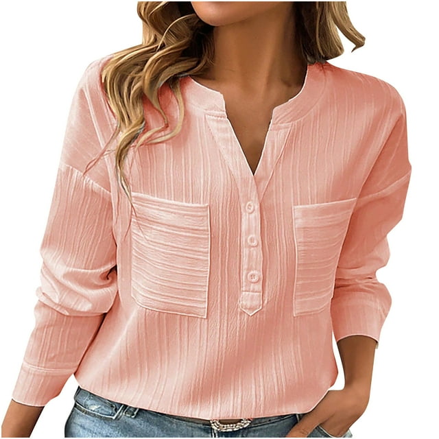 Timegard Womens Tops V-Neck Button Long Sleeve Comfy Tee Shirts Dressy Casual Loose Tops with Pockets