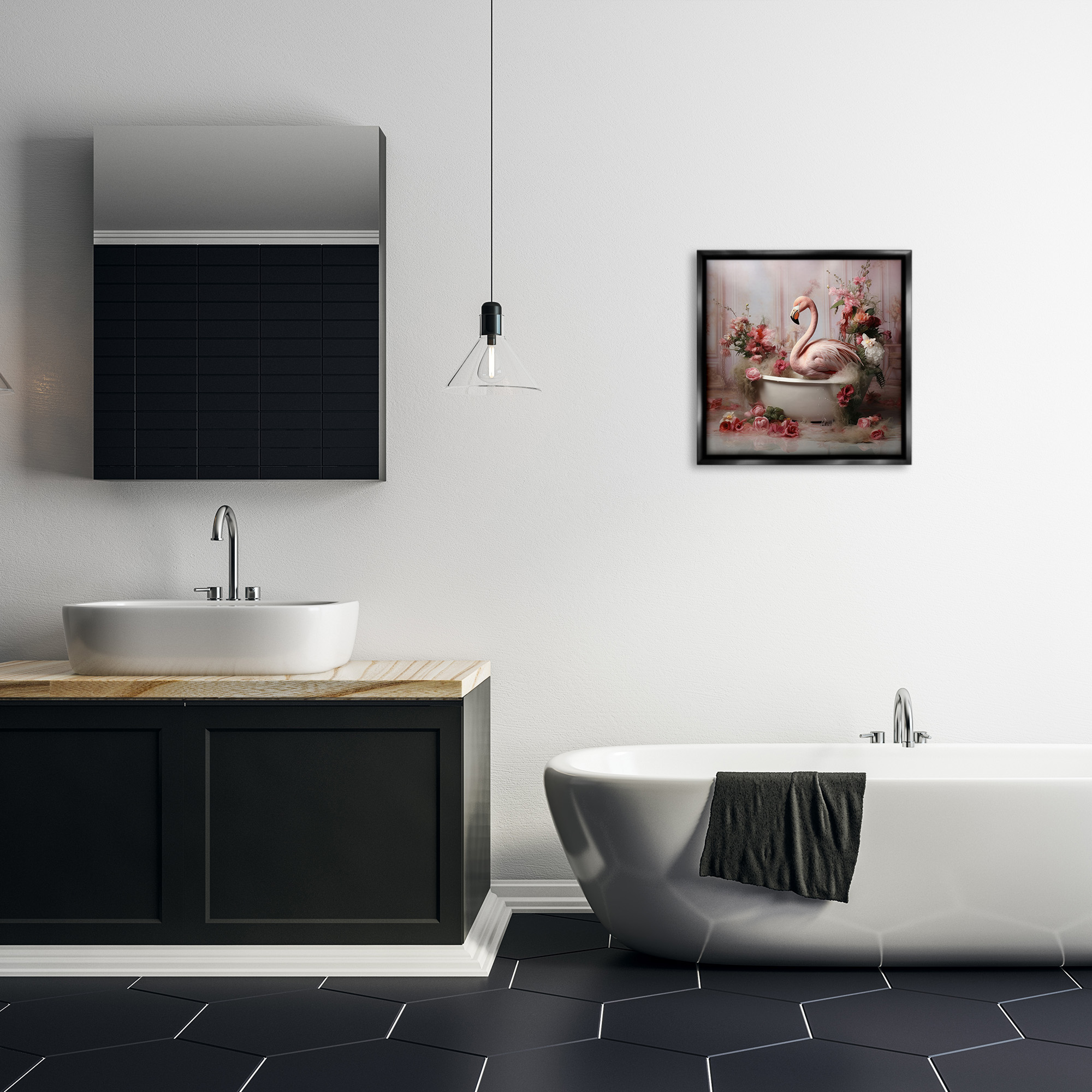 Stupell Industries Flamingo in Stately Bathroom Animals & Insects Painting Black Floater Framed Canvas Art Print Wall Art, 18 x 18
