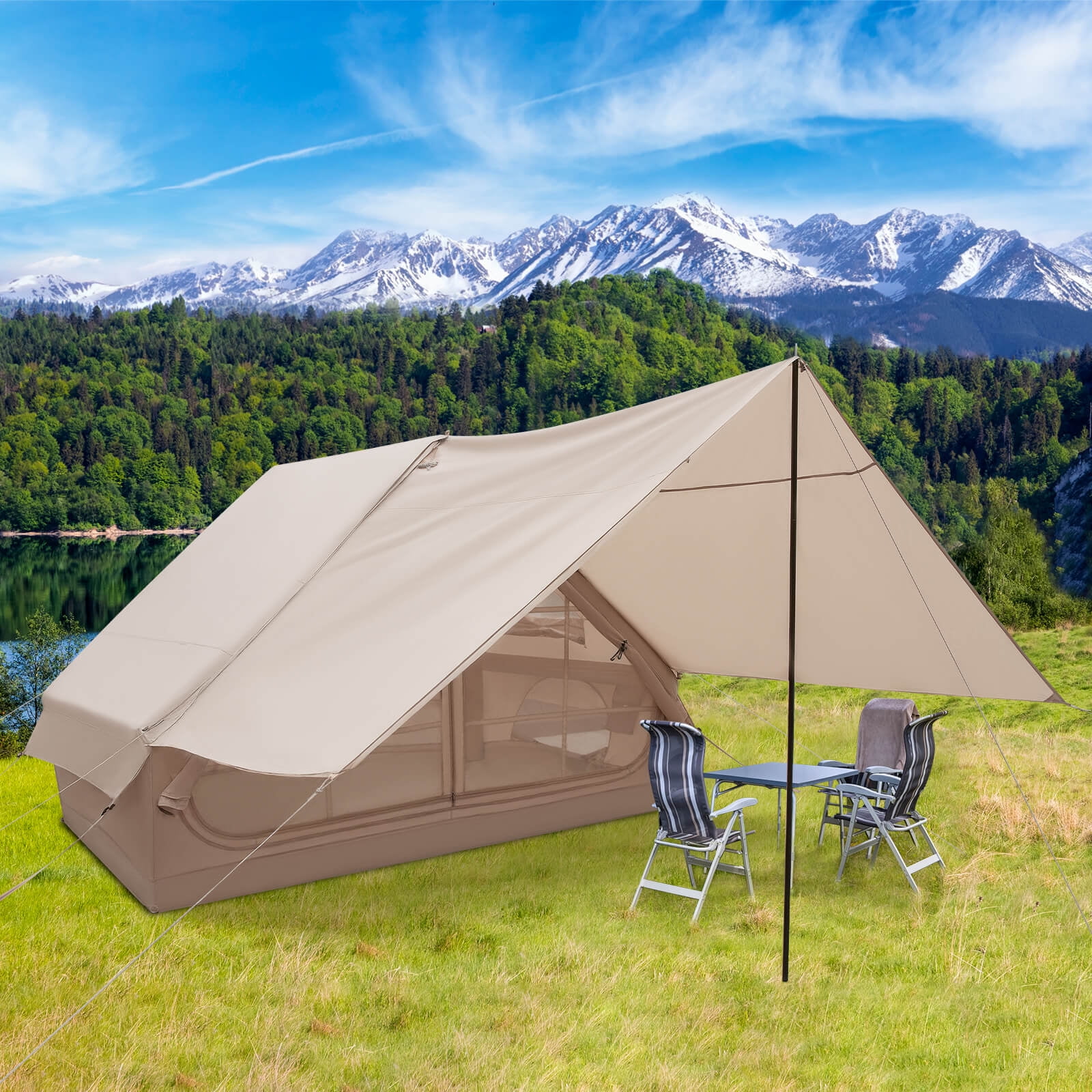 Costway Inflatable Camping Tent 4-6 People Waterproof Blow-up Air Tent with Porch, Pump