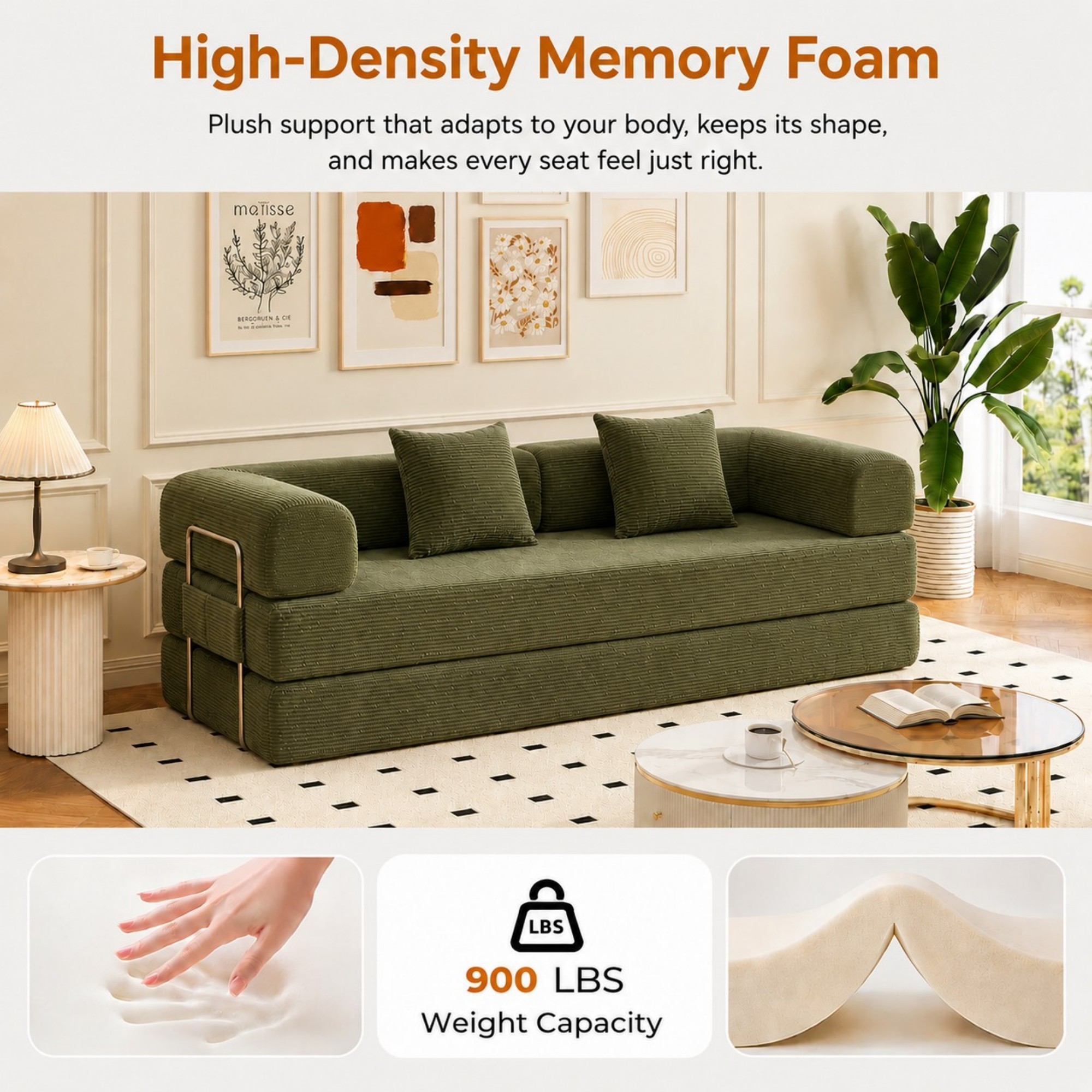 DEALTOPS 79" Convertible Corduroy Floor Sofa Bed, Modular Sleeper Couch with Memory Foam, Green