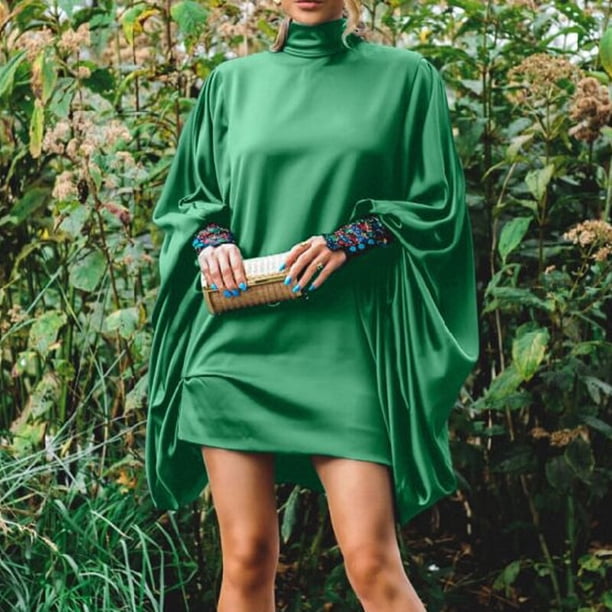 Casual Satin Solid Party Dresses Spring Fashion Puff Sleeve O-Neck Mini Dress Retro Loose Office Commuter Women's Dress VestidosS Gao Jinjia LED