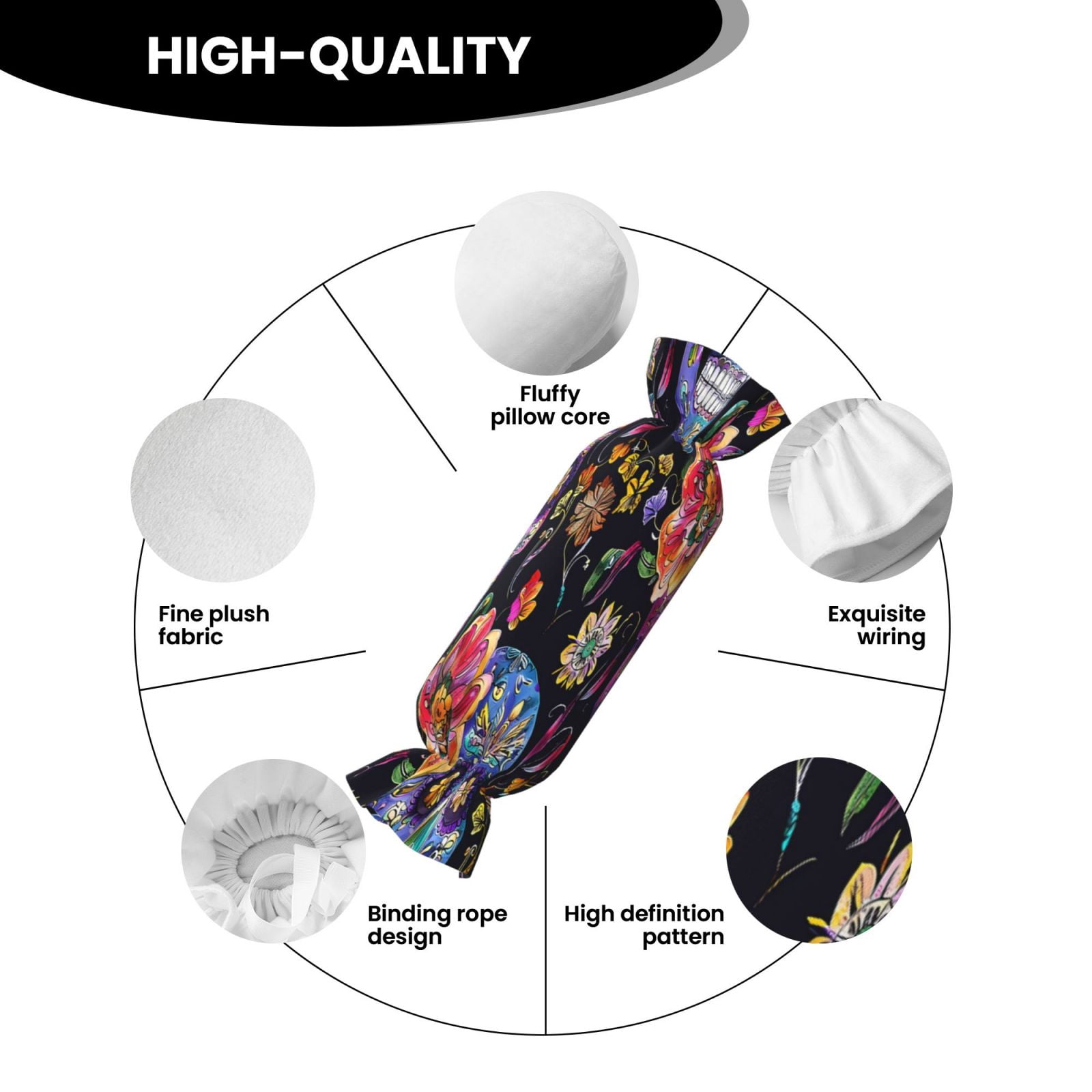 Candy Throw Pillow Travel Cervical Pillow Cylindrical Neck Body Cushion With Insert For Bed Couch Home Decor 9.8x24.4in Festive Sugar Skulls (7)