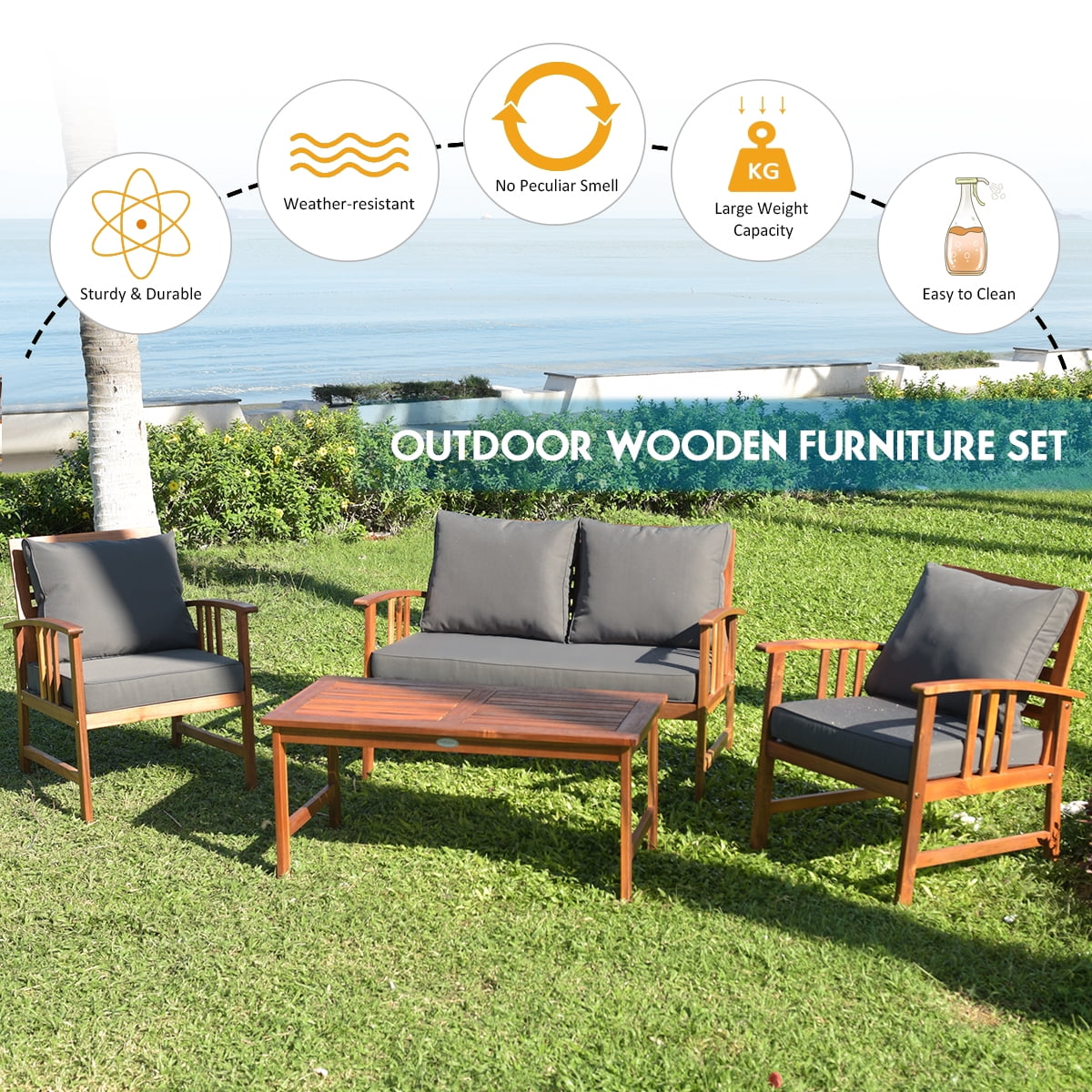 Costway 4PCS Wooden Patio Furniture Set Table Sofa Chair Cushioned Garden NEW