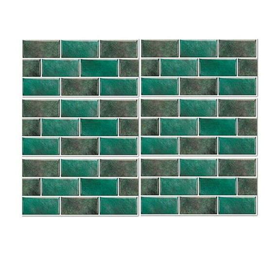 Tile Wall Stickers 12"x6" Green Brick Decals Kitchen Bathroom Tiles Decor Vinyl Peel and Stick 6 Pcs Set