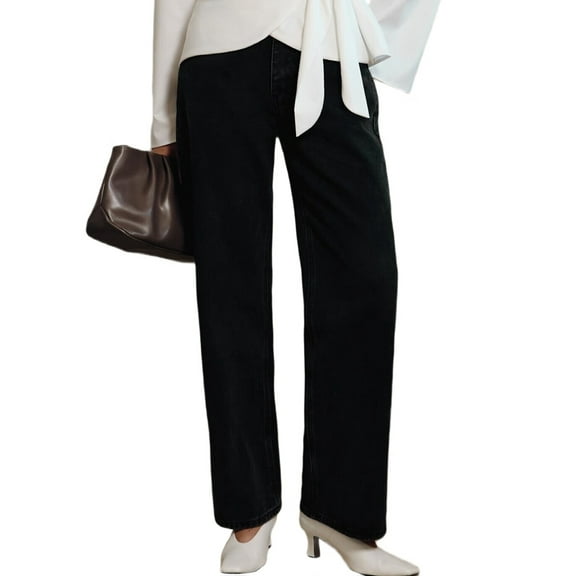 Women'S Loose Jeans, Wide Straight Leg High Waist Jeans, Y2K Pants Black S