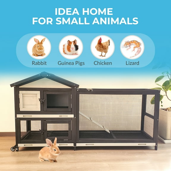 Two-Layer Outdoor & Indoor Rabbit Hutch with Waterproof Roof, Removable Wire Mesh bedding area and Ventilation - Wooden Bunny Cage for Rabbit, Chickens