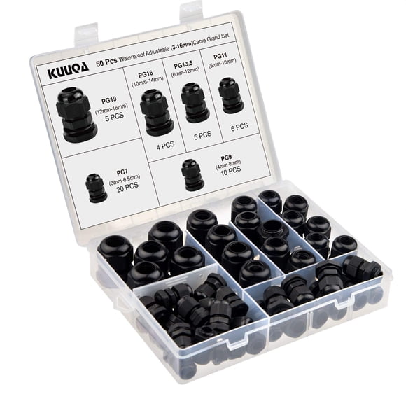 KUUQA 50 Pack Cable Gland Waterproof Adjustable 3-16mm Cable Connectors PG7 PG9 PG11 PG13.5 PG16 PG19 Plastic Cable Gland Joints with Gaskets in PP B