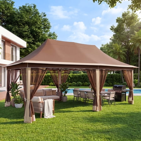 HOTEEL 10x20 Pop Up Gazebo with Netting, 241 sq ft Extra Large Shade Area Canopy Tent with with 3-Level Adjustable Height, Portable Party Tent for Backyard, Patio, Event, Brown