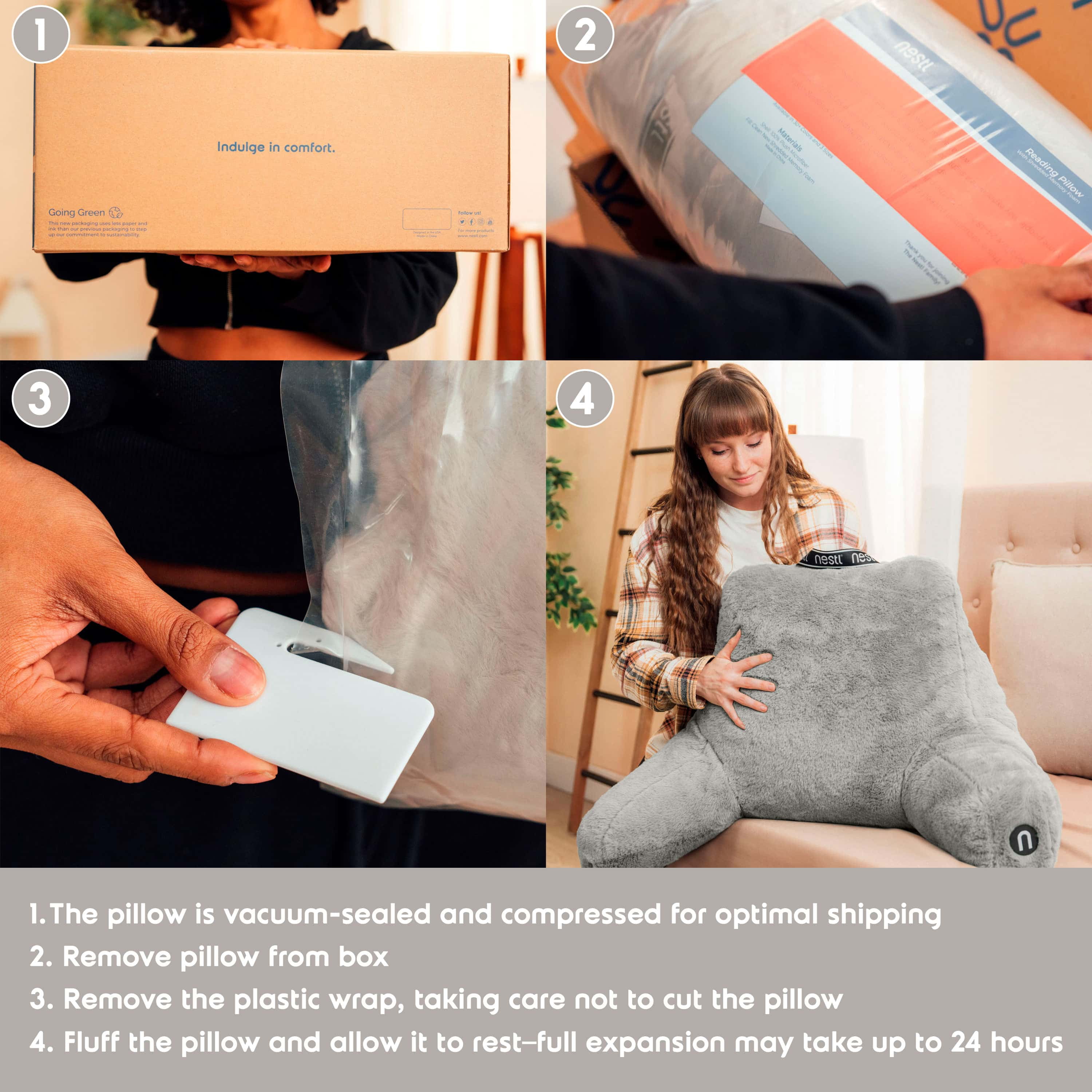 Nestl Reading Pillow, Backrest Pillows with Arms, Plush Faux Fur Back Pillow,&nbsp;Shredded Memory Foam Bed Rest Pillow, Gray
