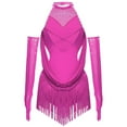 thumbnail image 3 of iixpin Girls Sleeveless Mesh Drapes Tassels Bodysuit for Samba Rumba Latin Rhinestones Dance Dress with Gloves Hot Pink 12, 3 of 6