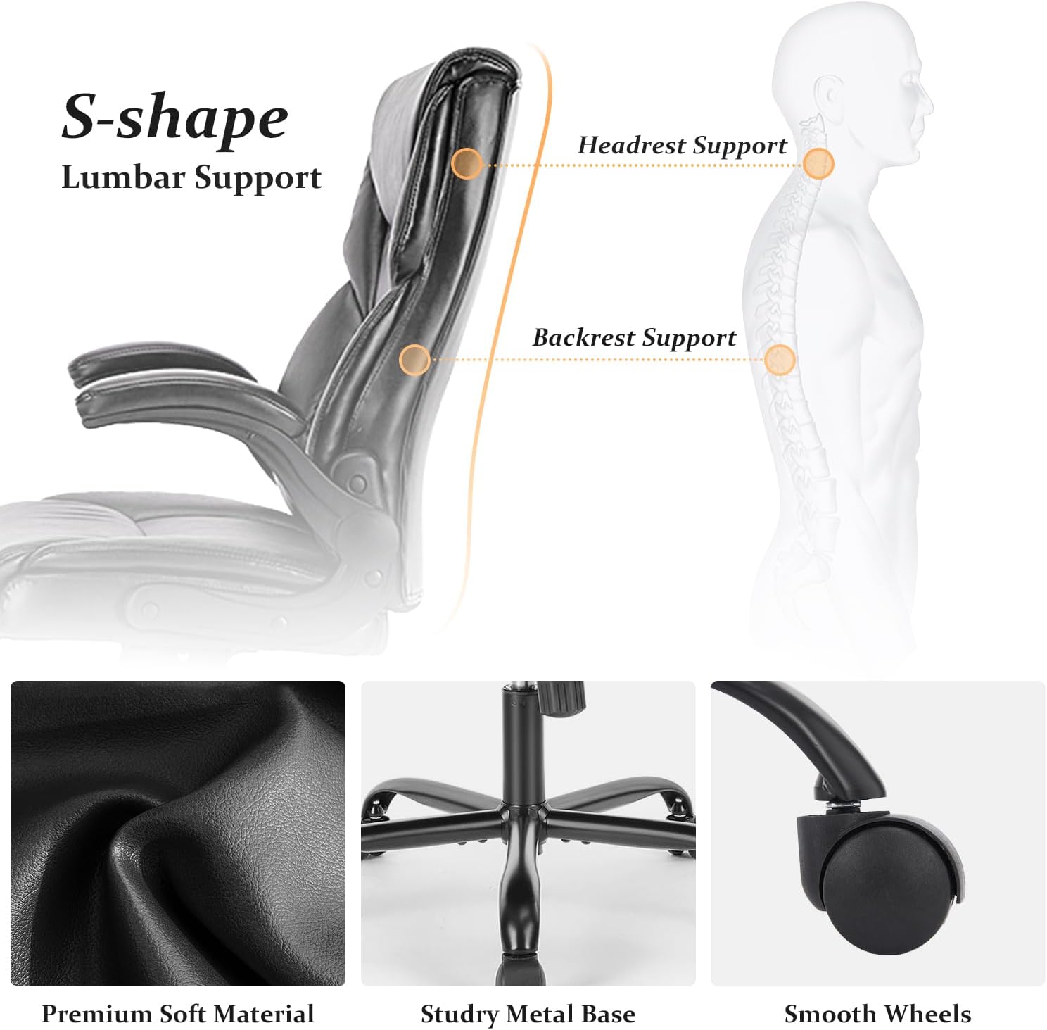 Ergonomic Office Chair, High Back Executive Desk Chair with Lumbar Support, Adjustable PU Leather Computer Chair with Flip-up Arms, Swivel Rolling Wheels Chair for Home and Office Use