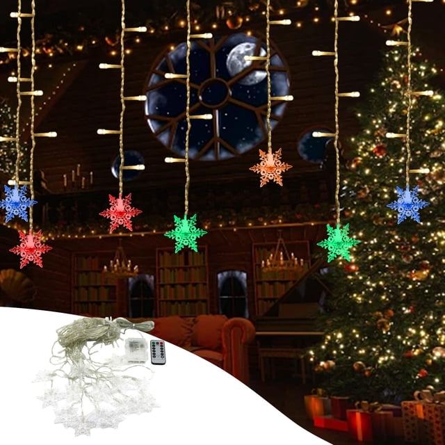 Cortina de luces navideñas con copos de nieve | 96 LED blanco cálido con 16 formas de copos de nieve | 3,5 m con control remoto para decoración navideña en interiores y exteriores para fiestas en