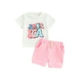 thumbnail image 2 of Aojekbee Baby Girls 4th of July Outfit Letter Print Short Sleeve T-Shirt and Elastic Shorts Set Cute Summer 2 Piece Clothes, 2 of 10