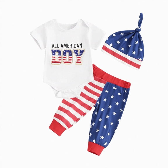 CAUYDY 3-18M Infant Baby Boy 4th Of July Outfit Cute Print Short Sleeve Romper Pants Hat 3-Pieces Clothes Set Newborn Boys Birthday Children's Day Gift (Sizes 6-12 Months,White)