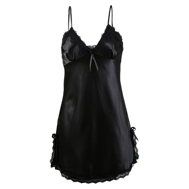 INSPIRAR CHIC Mujeres Satén V Cuello Floral Encaje Trim Ropa de Dormir Camisón Vestido de Pijama Negro-encaje XL