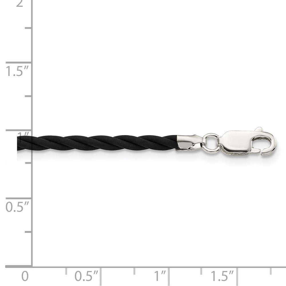 925 Sterling Silver Cord & Leather Chain Necklace 16 inch 3 mm Black Twisted Rubber 2