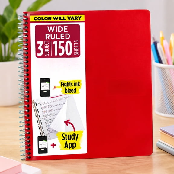 150 Page 3 Subject Wide Ruled Spiral Notebook, Perforated Paper, 3 Hole Punched Flexible Cover for Students